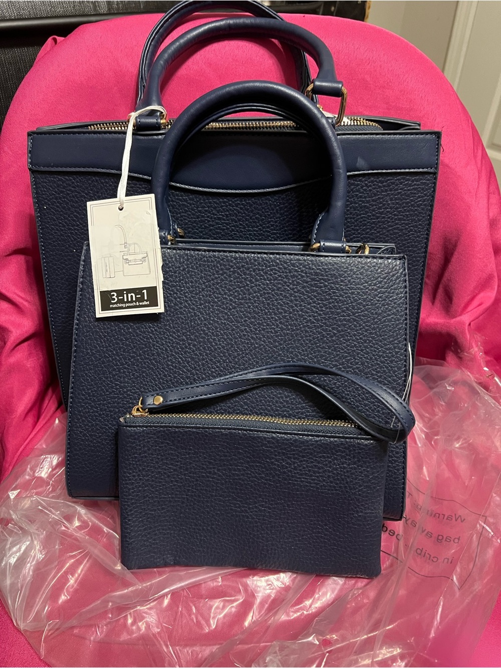 3-in-1 Navy Women’s Tote Set - Structured Handbag, Crossbody & Wristlet